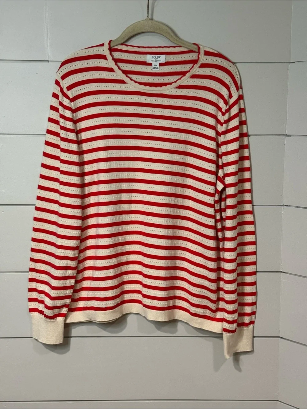 J. Crew Red and Cream Striped Pointelle Cotton Top Size XXL